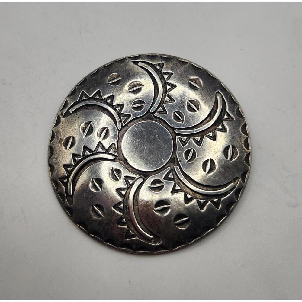 Sterling Silver (Tested) Disc Brooch  with Designs Ethnic Native